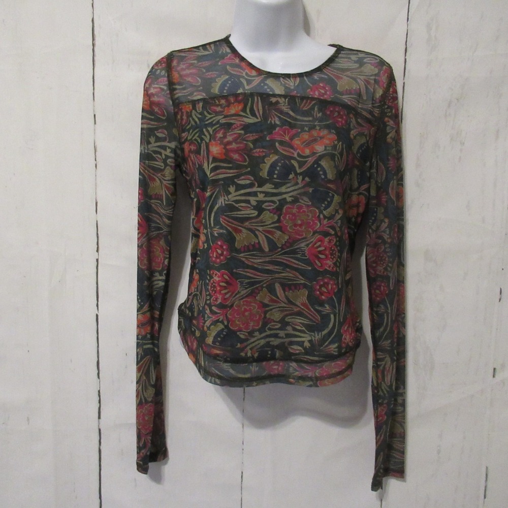 Natural Life Top M Medium Green Floral Mesh Long Sleeve Boho